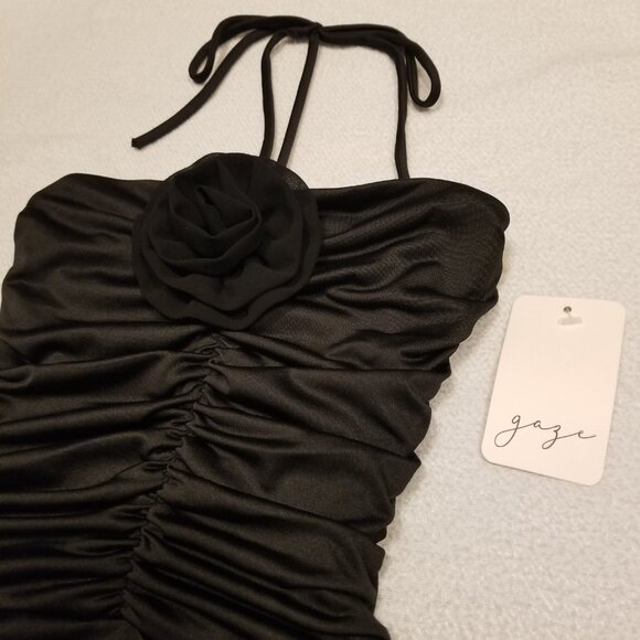 NWT Bodysuit with Rosette Black Halter Tube Top Shirt Ruched Sleeveless XS Gaze - Picture 3 of 13